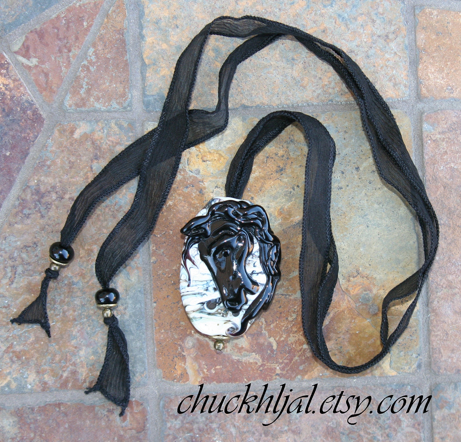 Horse Black Beauty Stallion Handmade Lampwork Glass Scultured Beaded DeSIGNeR Necklace Silk Antique Brass Equestrian