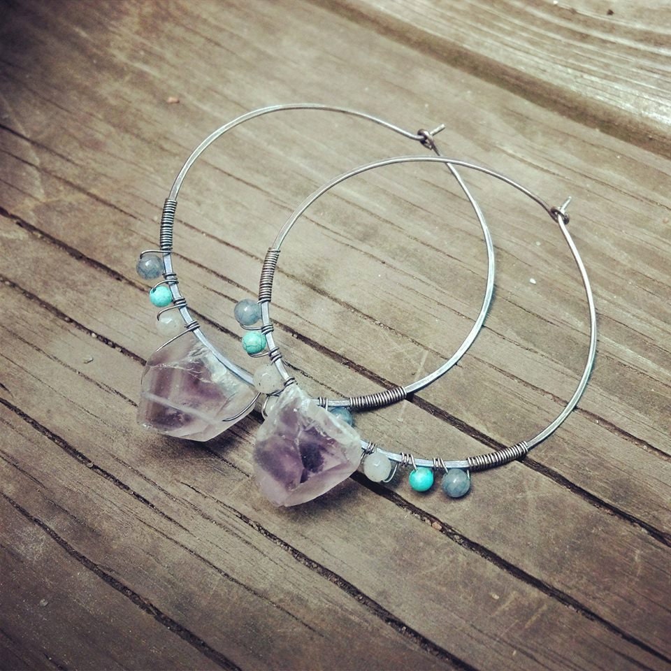 Large Silver Hoop Earrings Wire Wrap Hoop Earrings Gemstone Hoops Large Hoops Rustic Jewelry DanielleRoseBean Silver Hoop Earrings