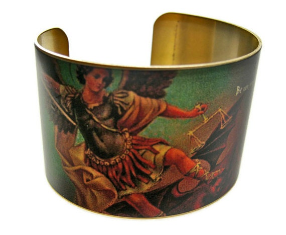 SAINT MICHAEL the ARCHANGEL Cuff Bracelet vintage style brass Free Shipping