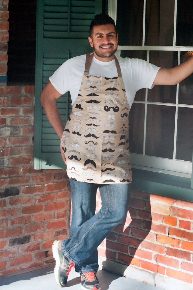 Handmade BBQ Apron Mustache Beige Unisex Men Women Alexander Henry