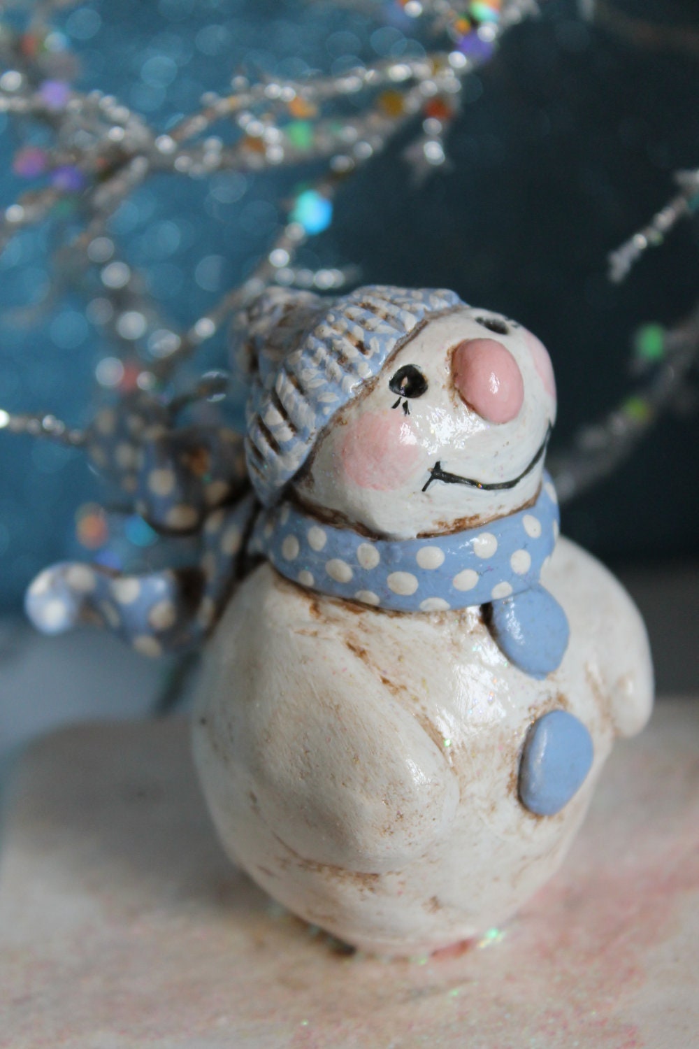 Light Blue and White Polka Dot Trinket Box with Paperclay Snowman Embellishment