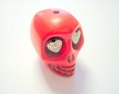 Gigantic Red Howlite Skull Bead or Pendant  with Silver Hearts in Eyes