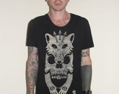 MENS Tattoo Flash T-Shirt, Fox Skull, Black Scooped Neck T-Shirt, S/M/L/XL