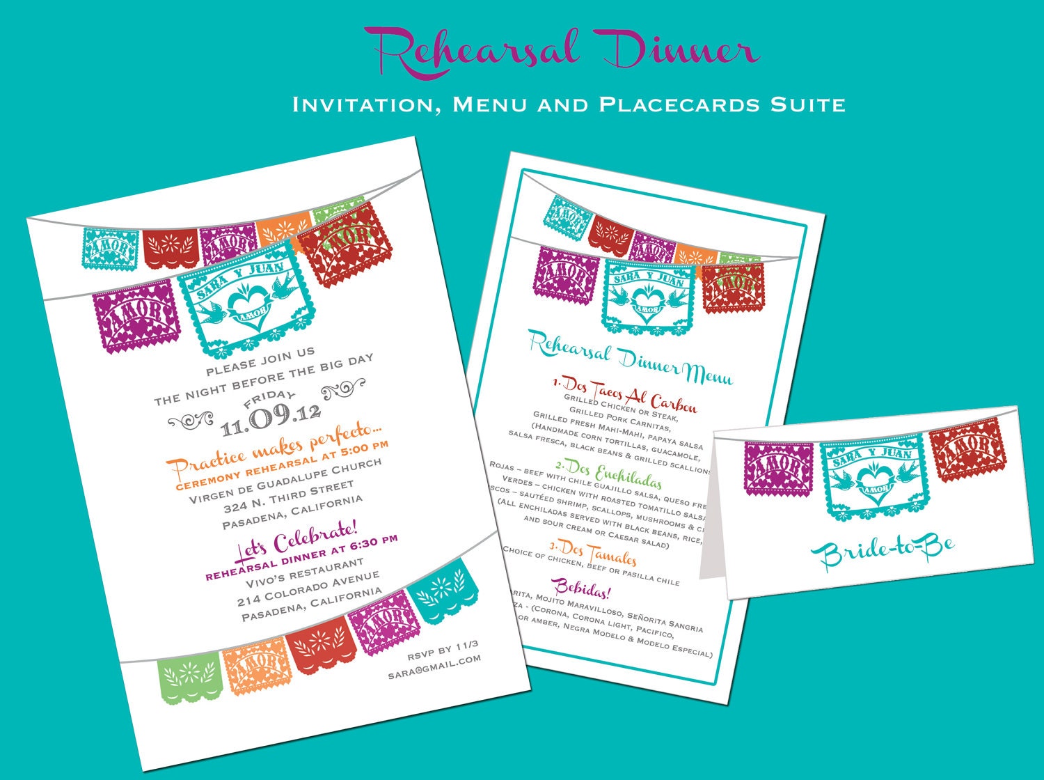 Menu only - LOVE BIRDS Engagement Party Invitation - Papel Picado banner Fiesta Wedding