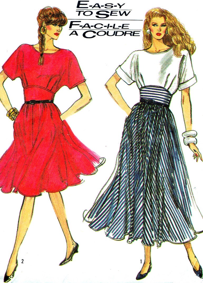 1980s Dress Pattern Simplicity 8487 Flared Skirt Dress Loose Fitting