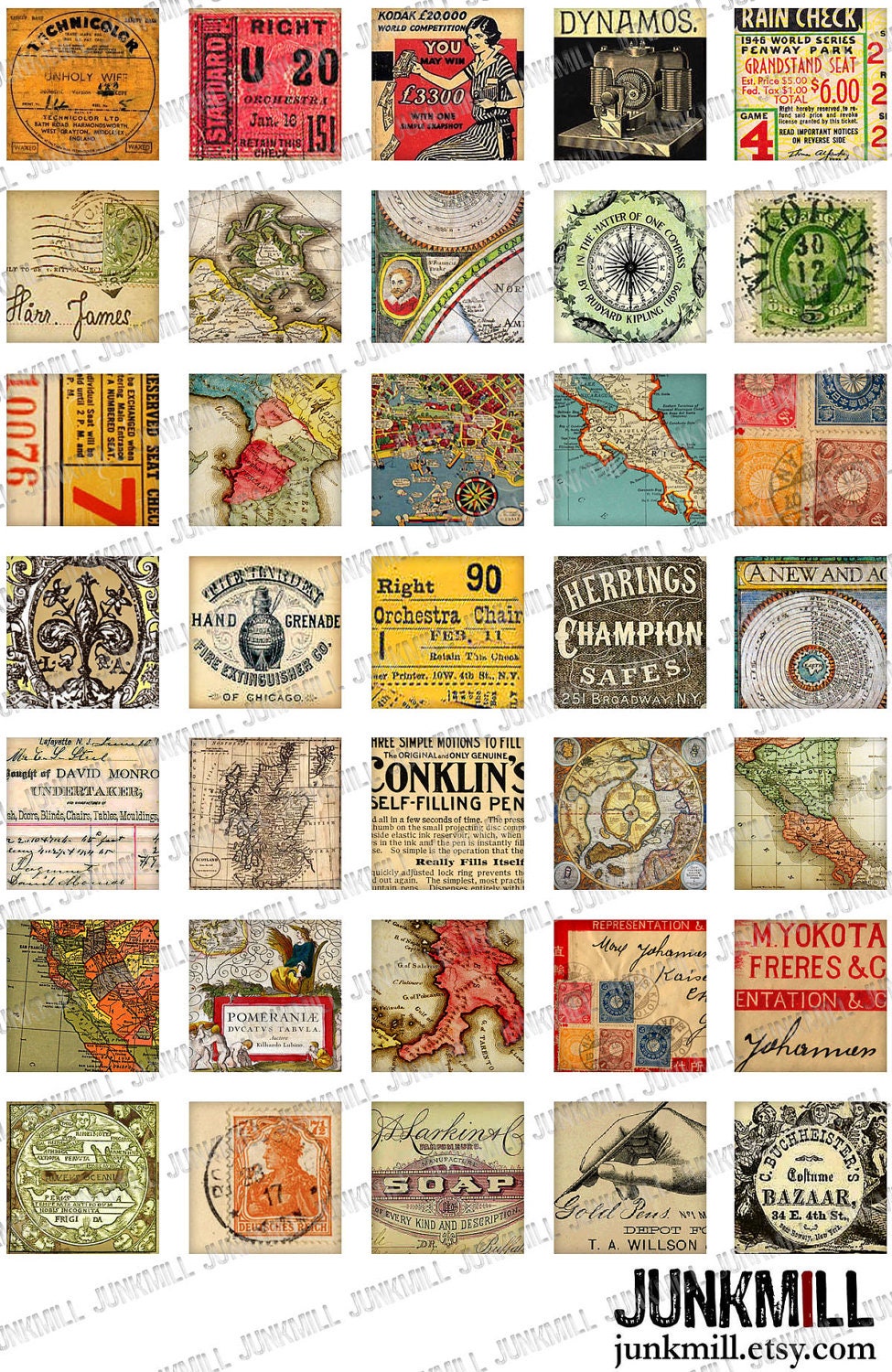 PAPER BITS - Digital Printable Collage Sheet - Vintage Postcards, Antique Maps, Old Book Pages & Ephemera, 1" Squares, Instant Download