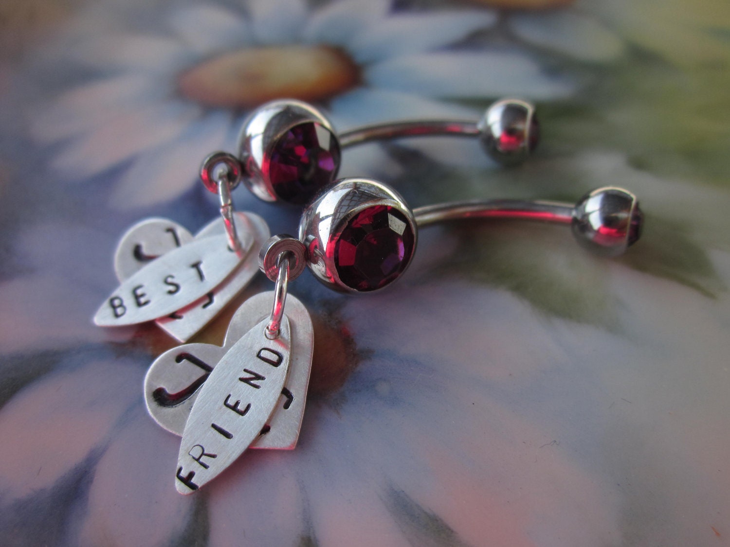 Best Friends dangle belly button rings. SET OF 2. Sterling silver friendship jewerly. You choose intials. BFF Best Friend gift