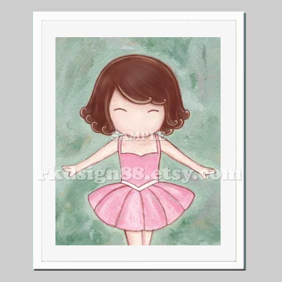Ballerina nursery decor baby nursery art prints girl art childrens art ballet dance pink tutu brown hair - Let's Dance 8 x 10