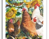 Chickens Rooster Sunflowers Art 11x14" "Sunflower Chickens" Signed and Numbered