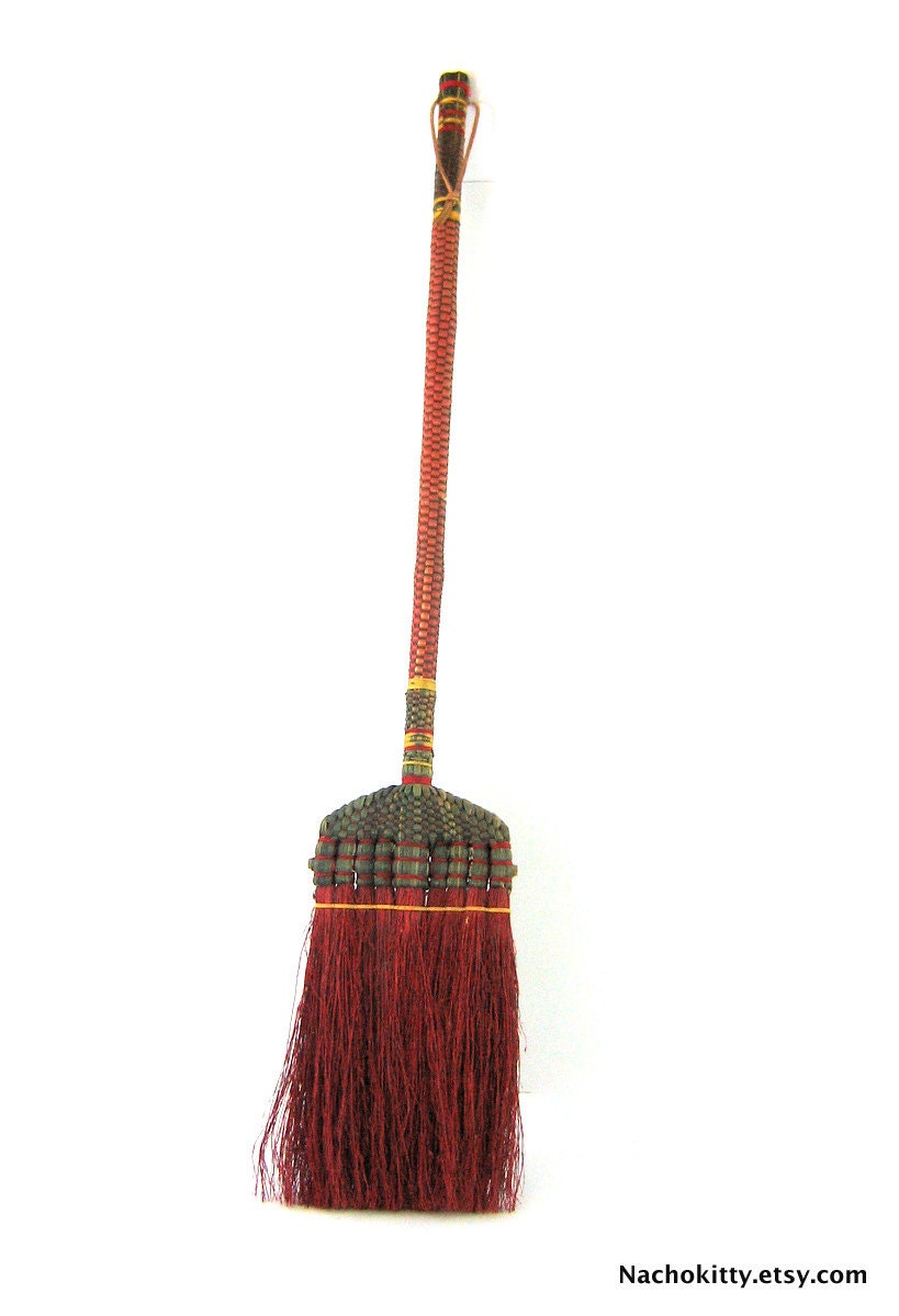1940s Handmade Broom, Reds Greens & Yellows, All Natural