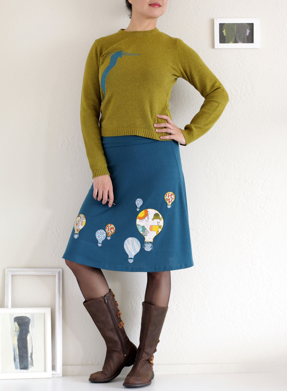 Womens Winter Fashion - Plus size Strech Jersey Teal Blue Applique A-line Knee Length Skirt - Hot aire balloon ride- Size Extra Large