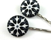 Covered Button Bobby Pins - Black and White Starburst Fabric Covered Button