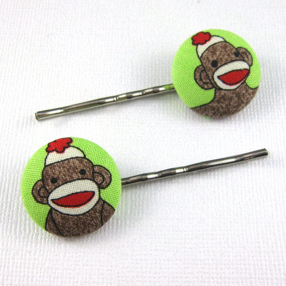 Sock Monkey Bobby Pins - Green Sock Monkey Fabric Covered Buttons