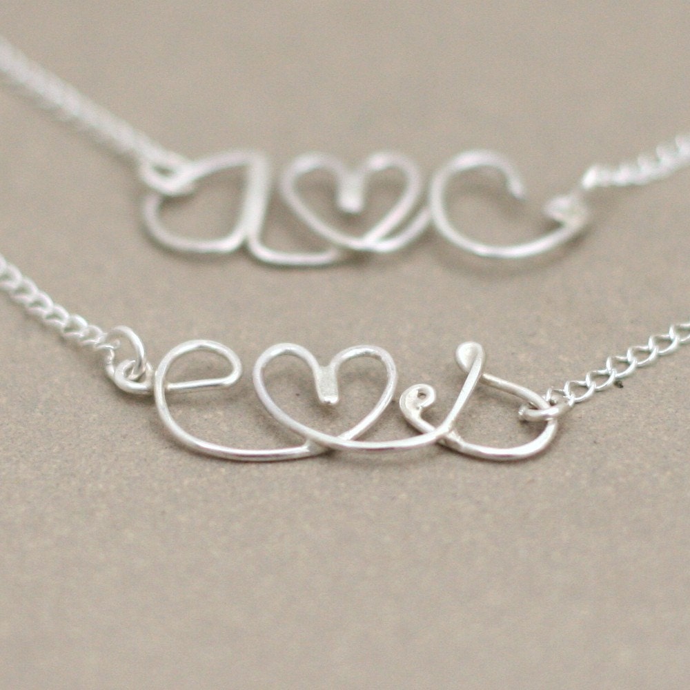 initial necklace. two initials monogram heart necklace. silver love letter. lovers personalized initials. boyfriend girlfriend NECKLACE.