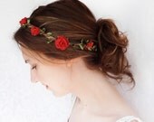 red flower hair circlet, red flower headband, bridal hair accessories, red rose - JOIELLE - flower girl head wreath