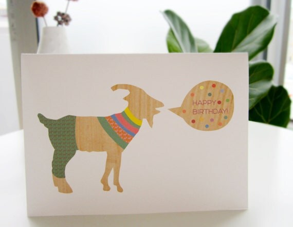 Happy Birthday Card . goat wishing you a happy birthday. unique cute colorful handmade card 4.25 X 4.5"