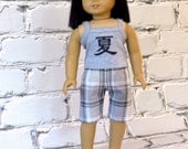 Summer - American Girl doll clothes Chinese Script Tank Top and Gray Plaid Shorts