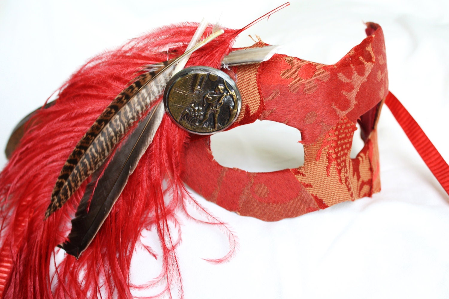 Gringoire - The Fallen Poet Mask in Rust Red and Tan with Antique Victorian Button - OOAK