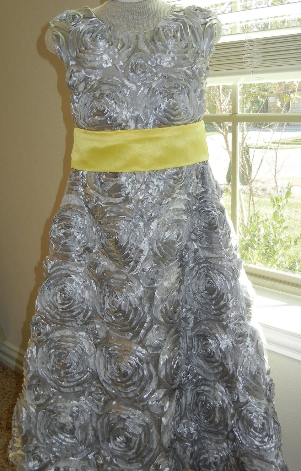 Flower Girl Dress, Yellow and Gray Flower Girl Dress, FLOOR Length sizes 12m - 5 Satin Rose Dress