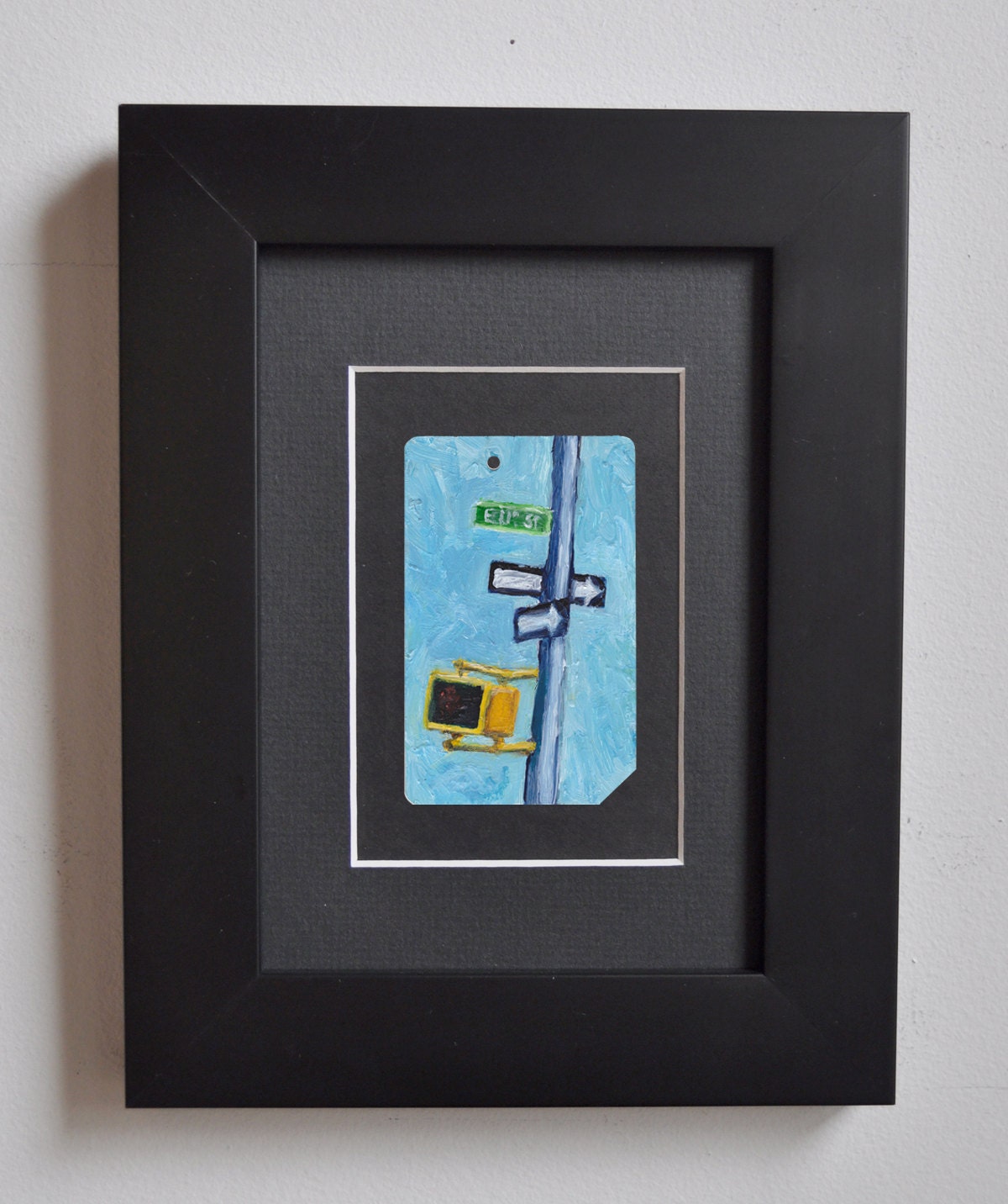 Art Oil Painting NYC One Way Walk Don't Walk Street Sign on Upcycled Subway Card