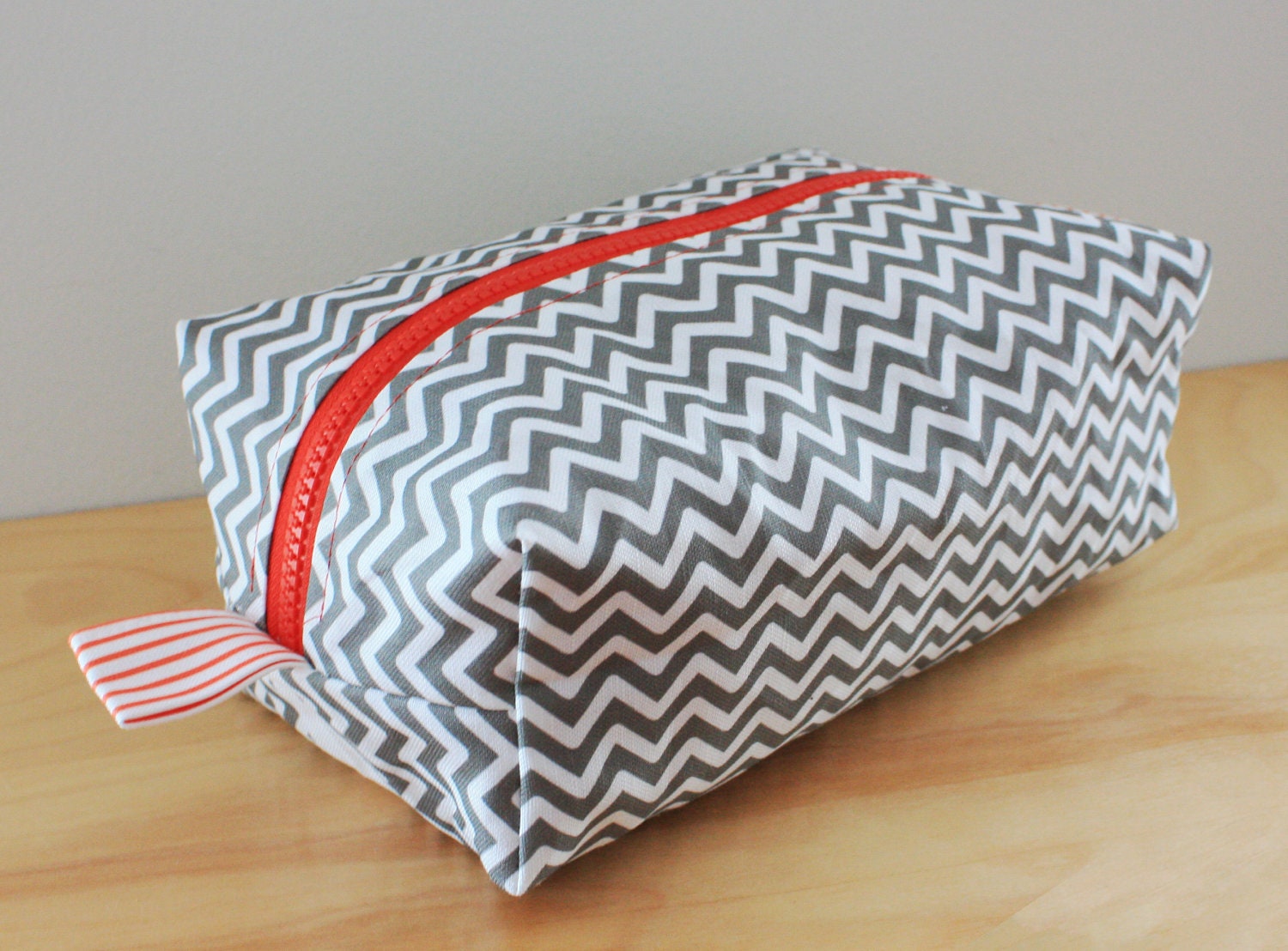 Gray Chevron with Red-Orange Accents Cosmetic Bag - Linen Cotton Dopp Kit