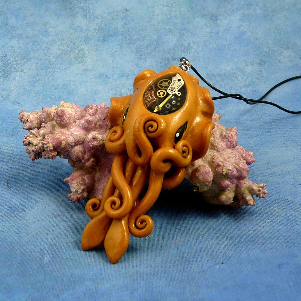 Brass Steampunk Cuttlefish Necklace, Handmade Polymer Clay Jewelry