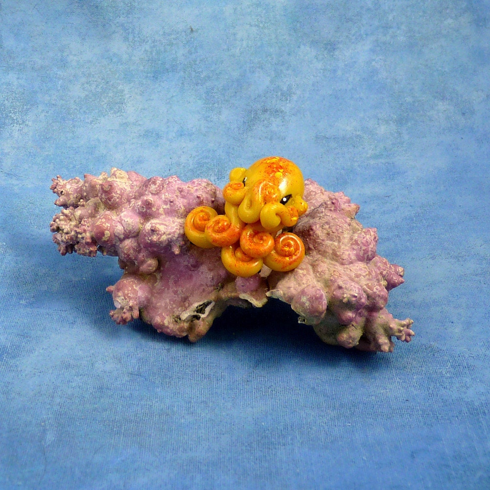 Solar Flare Octopus Pin, Yellow Polymer Clay Cephalopod Jewelry