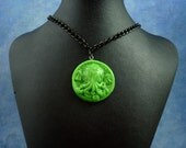 Bright Green Small Cthulhu Cameo Necklace with Chain, Handmade Polymer Clay Jewelry