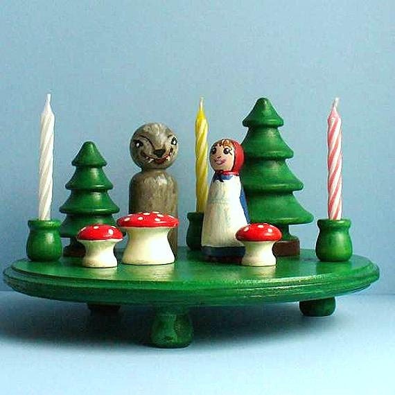 Wooden  Cake Topper -Woodland Little Red and Wolf / Waldorf Birthday Party