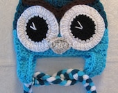 Dark & Light Teal Crochet Owl Hat - Baby Hat - Childs Hat