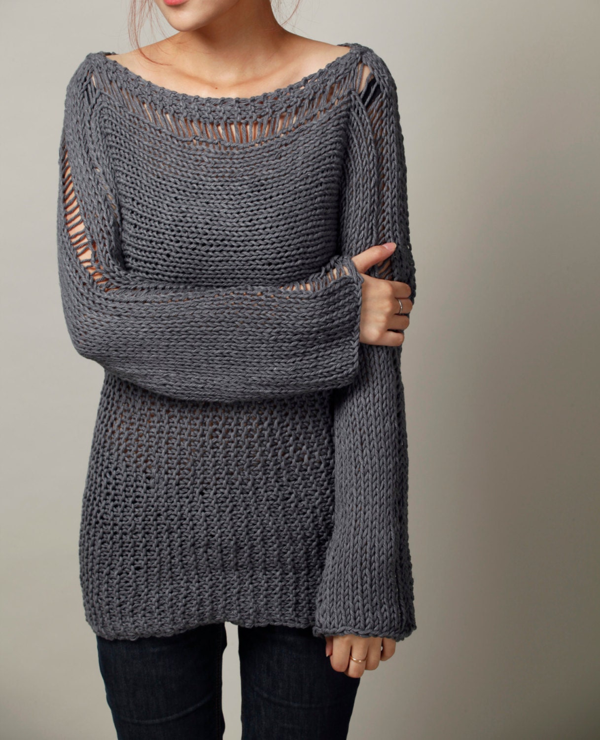 Hand Knit Woman Sweater - Eco Cotton Oversized sweater in Charcoal Grey