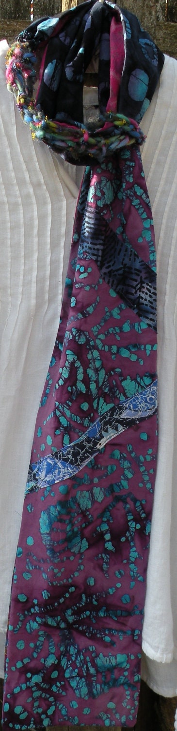 Silk scarf, women's multicolor woven long fashion knit crochet, pink magenta purple blue leaf cotton fiber art Lhasa  i739