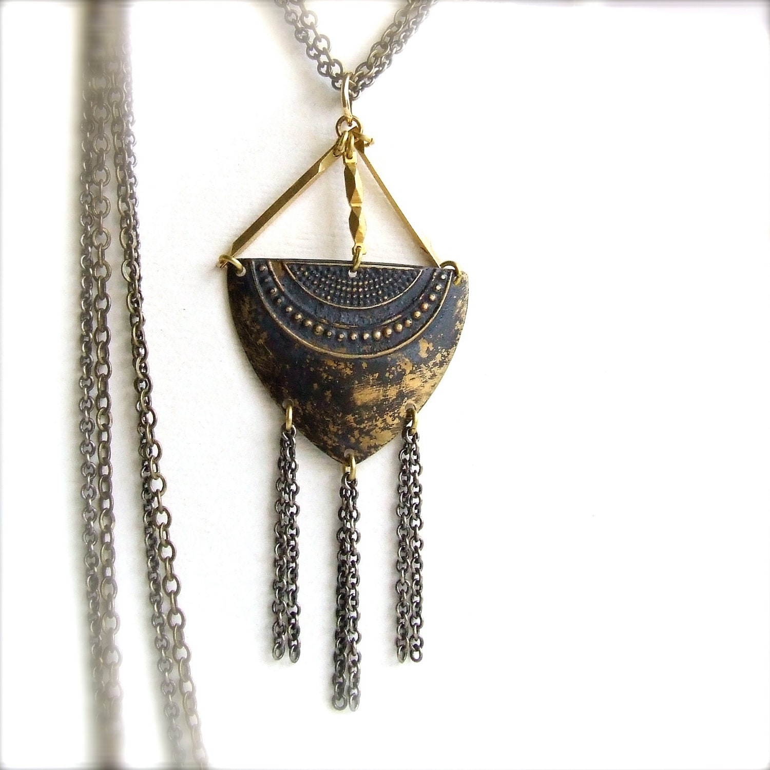 Black Patinaed Brass Shield, Chain Tassel -Patina Necklace - Chandelier Boho Tribal Long Fringe Earrings -Jewellery