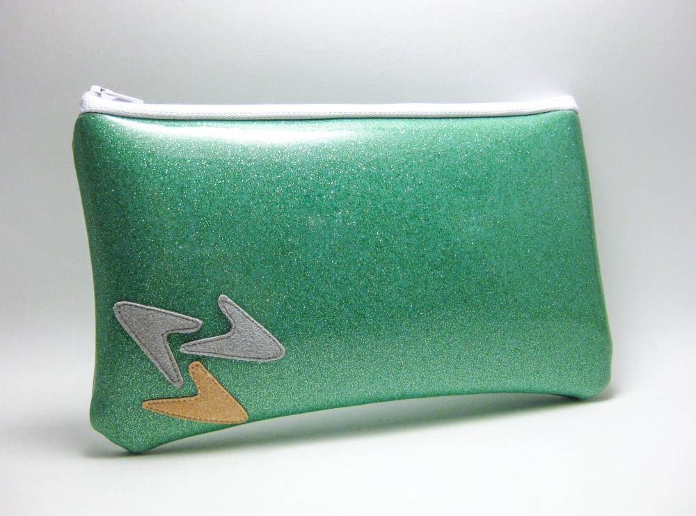 Zipper Pouch - Glitter Vinyl - Mint Green with Retro Shapes