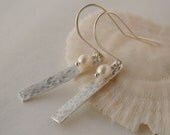 Sterling silver hammered bar earrings with white pearls
