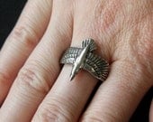 Flying Raven Ring in Solid White Bronze  with Sterling Silver Overlay Size 7