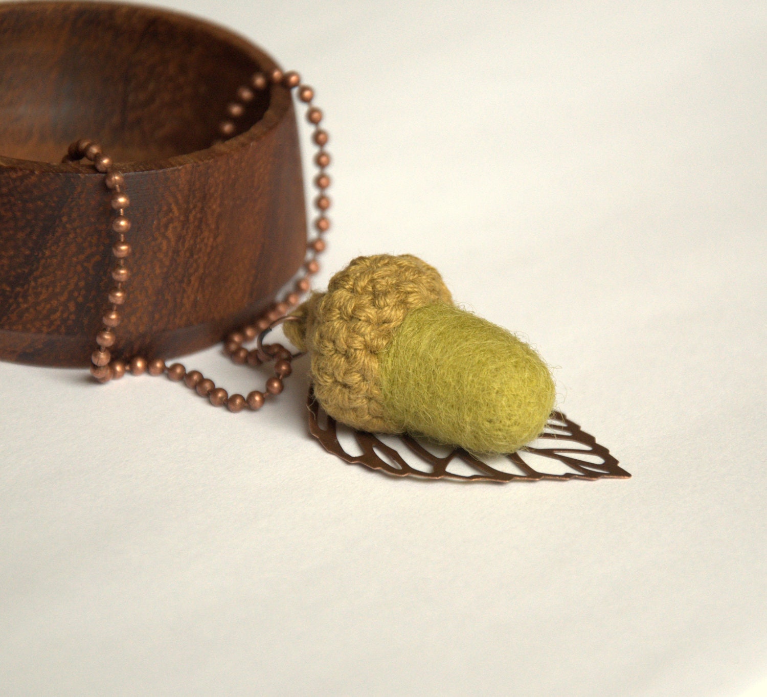 Felted acorn necklace Olive green wool Valentine jewelry copper brown leaf charm boho woodland Weddings autumn Birthday gift for her favor