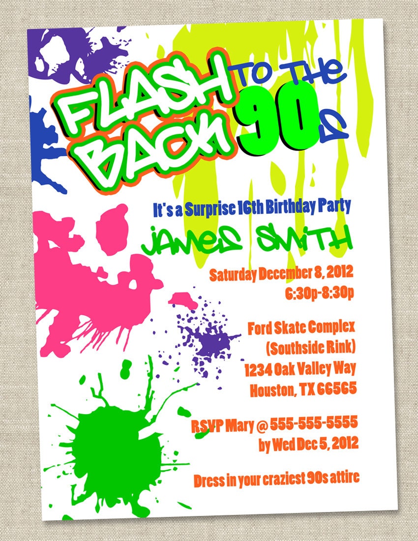 Graffiti Birthday Invitations - Neon Party Invitation - Retro 80s 90s invites (Printable Digital File OR Printed Cards)