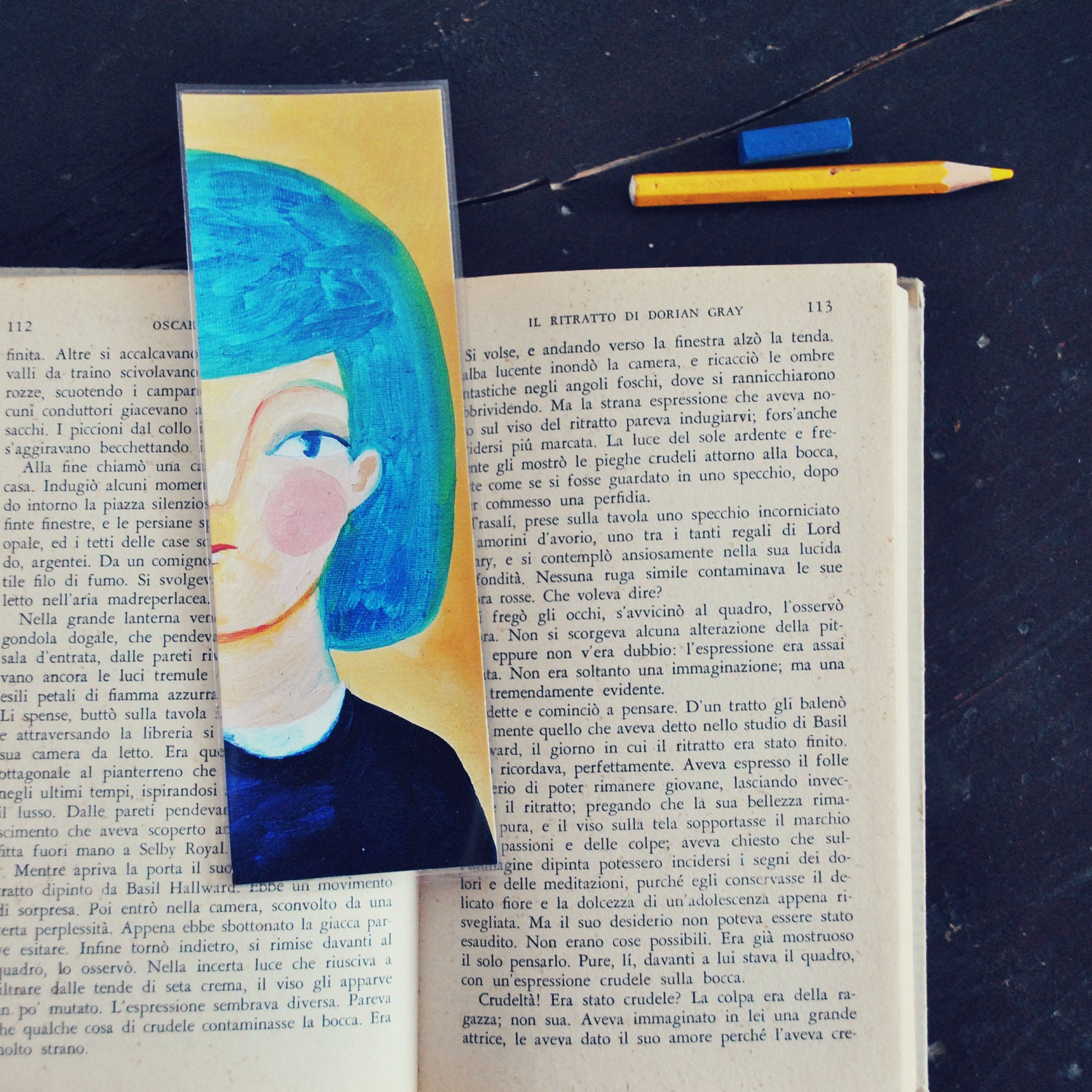 Mustard Woman bookmark - yellow and blue girl portrait