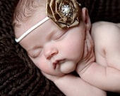 Chocolate Brown Coiled Rosette Flower Hair Bow Headband Baby Infant Newborn Toddlers Girls ALL AGES Ivory Band Photography Prop Pearl