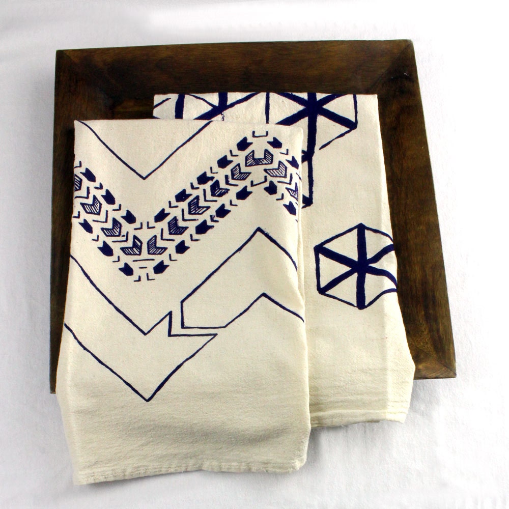 tea towel geometric set chevron and hexagon prints dark violet ink