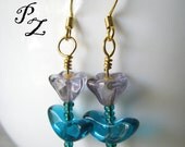 CLEARANCE: Tulip Earrings - Beaded Flowers, Green Leaves, Tall Version