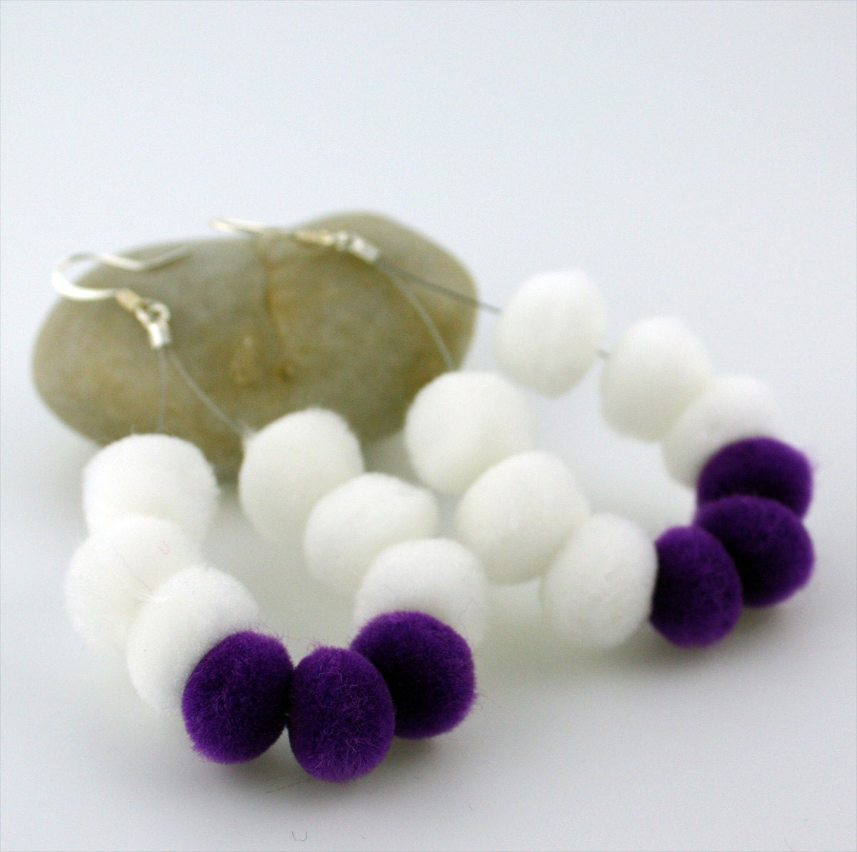fiber felt jewelry pompom earring dangles in white and purple gifts for her under 25