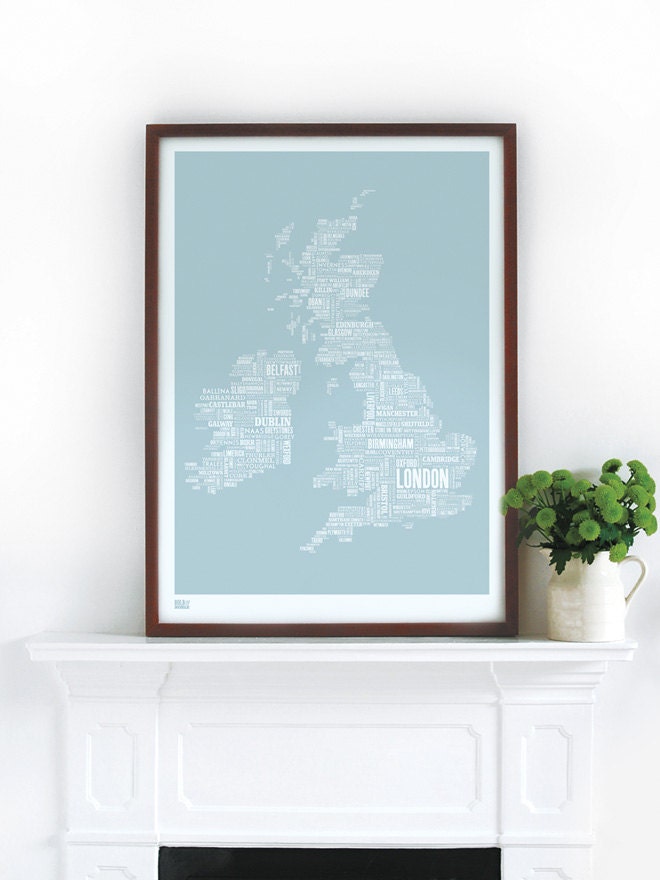 British Isles Type Map in Duck Egg Blue - decorative screen print