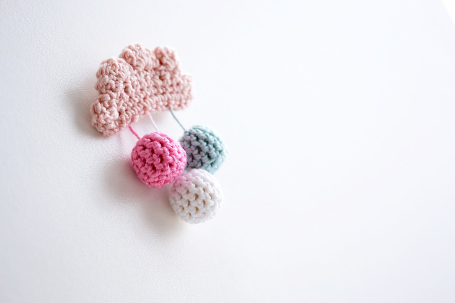 old rose crochet cloud brooch with three dangling drops in pink, blue and white - handmade brooch, pin