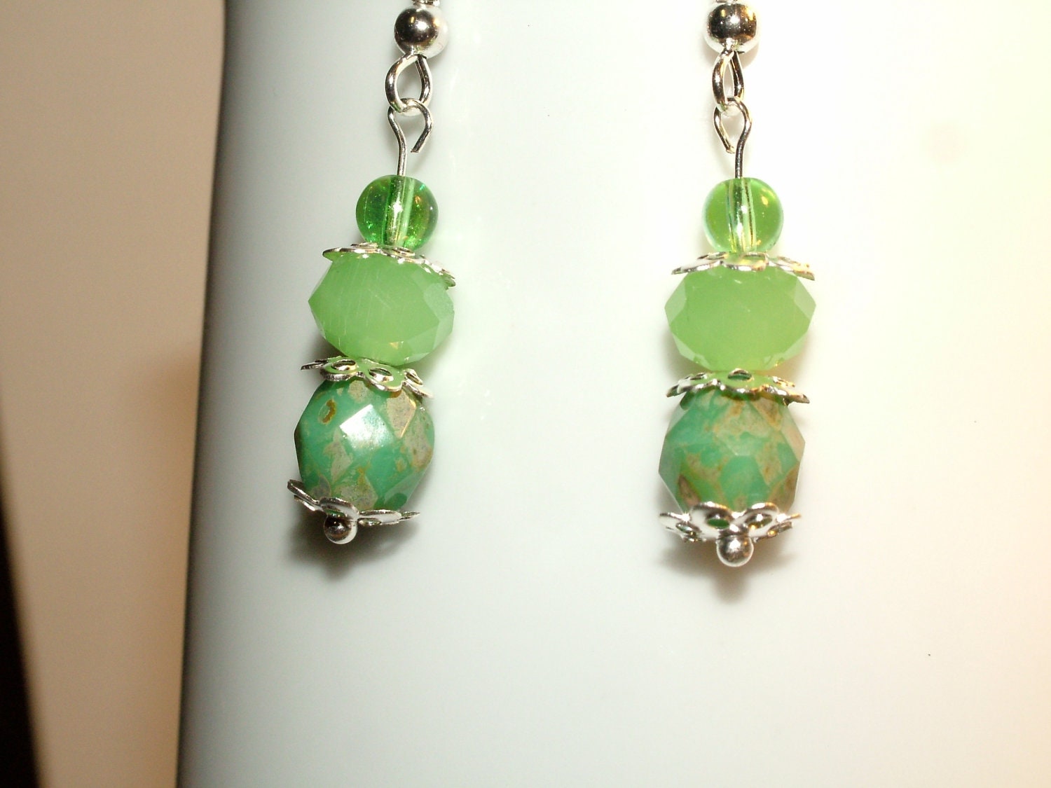 Pierced, Dangle Earrings With Czech Picasso Beads, Czech Luster Beads, Green