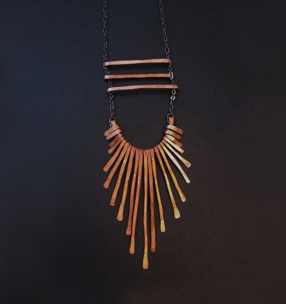 Copper Tribal Necklace . Three bars with fringe . Long Necklace . Tribal Aesthetic . bridesmaids
