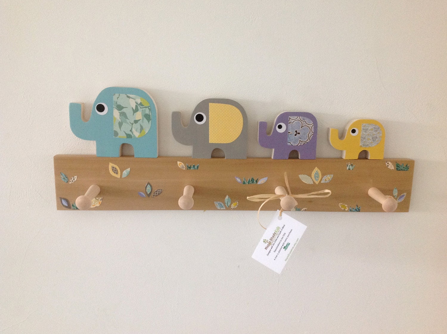 Family of 4 Elephant  Peg Rack - eco friendly by Maple Shade Kids