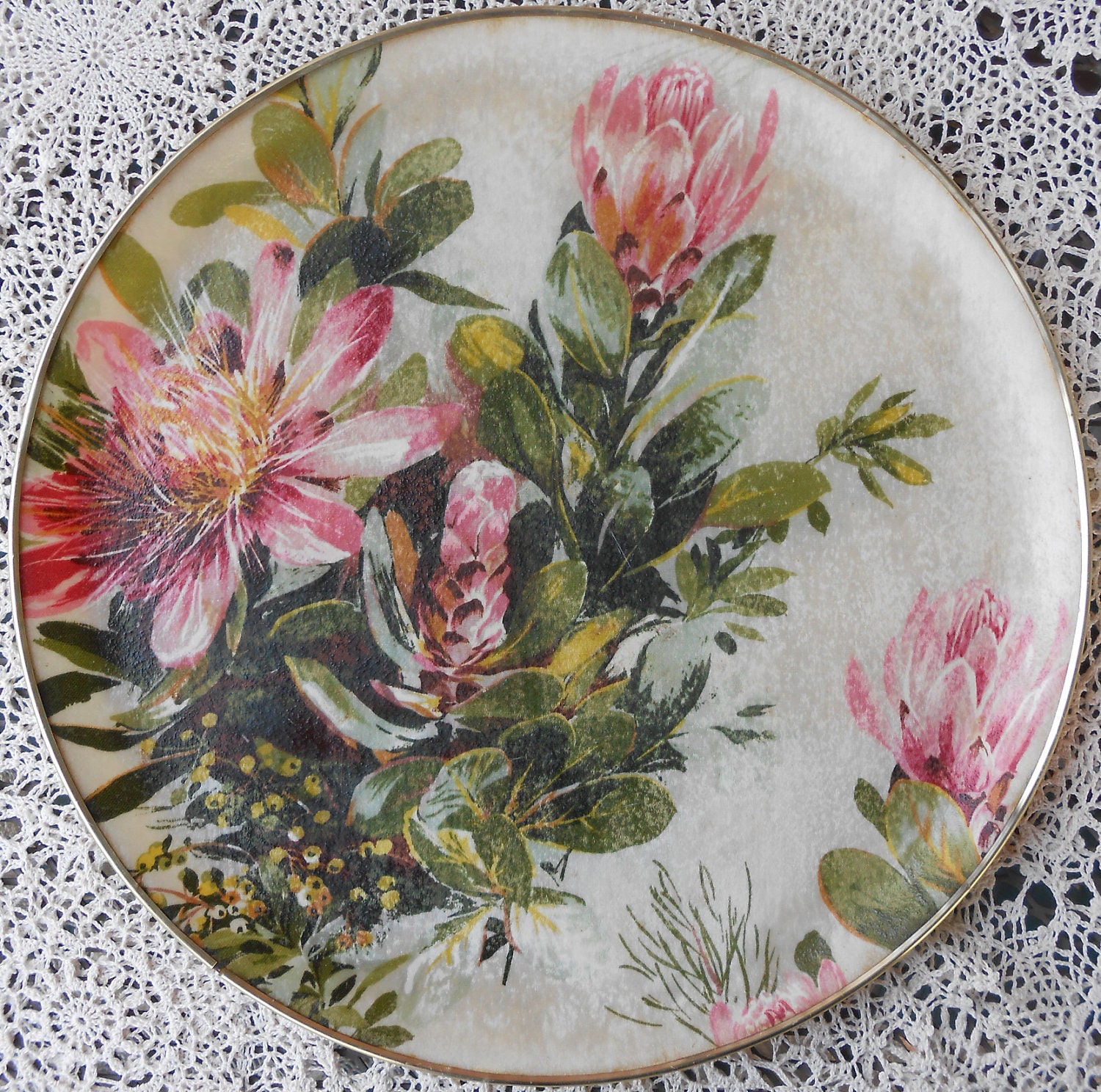 Mid Century Tray / Fiberglass Tray / Vintage Fiberglass Floral Tray / Round Tray / Bacova Guild Tray