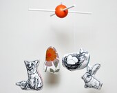 Mod Forest Mobile (Fox, Owl, Rabbit, Nest)  w/ Iconic 50's/6's Heals Fabric